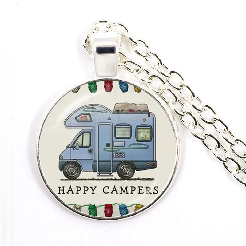 Novelty Hippie Cute Camper Wagon Pendant Necklace, I Love Camping Choker, Vacation Travel Memorial Gifts