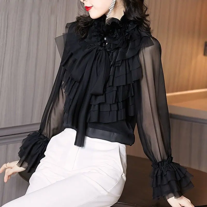 Elegant Bow Petal Sleeve Gauze Shirt Women\'s Clothing 2022 Spring New Fashion Office Lady Commuter Ruffled Neck Blouse Female