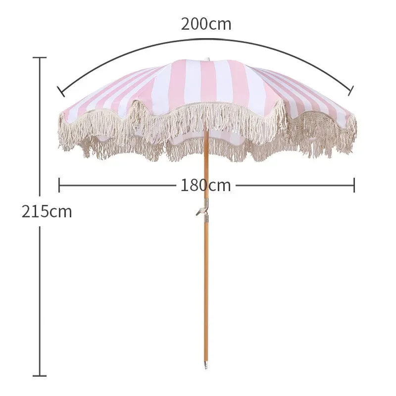 Beach Umbrella with Fringe UPF 50+ Wood Pole Foldable Umbrella for Holiday Garden Lawn Pool Yard Table