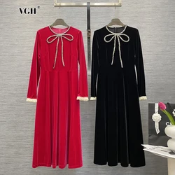 VGH Patchwork Diamonds Elegant Velvet Dress For Women Round Neck Long Sleeve High Waist Spliced Belt Temperament Dresses Female