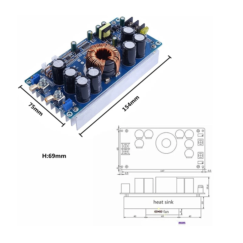 800W High Power Buck Converter CC CV 20V-70V To 2.5V-58V DC-DC Step Down Voltage Reducer 12V 24V 36V 48V 60V 30A