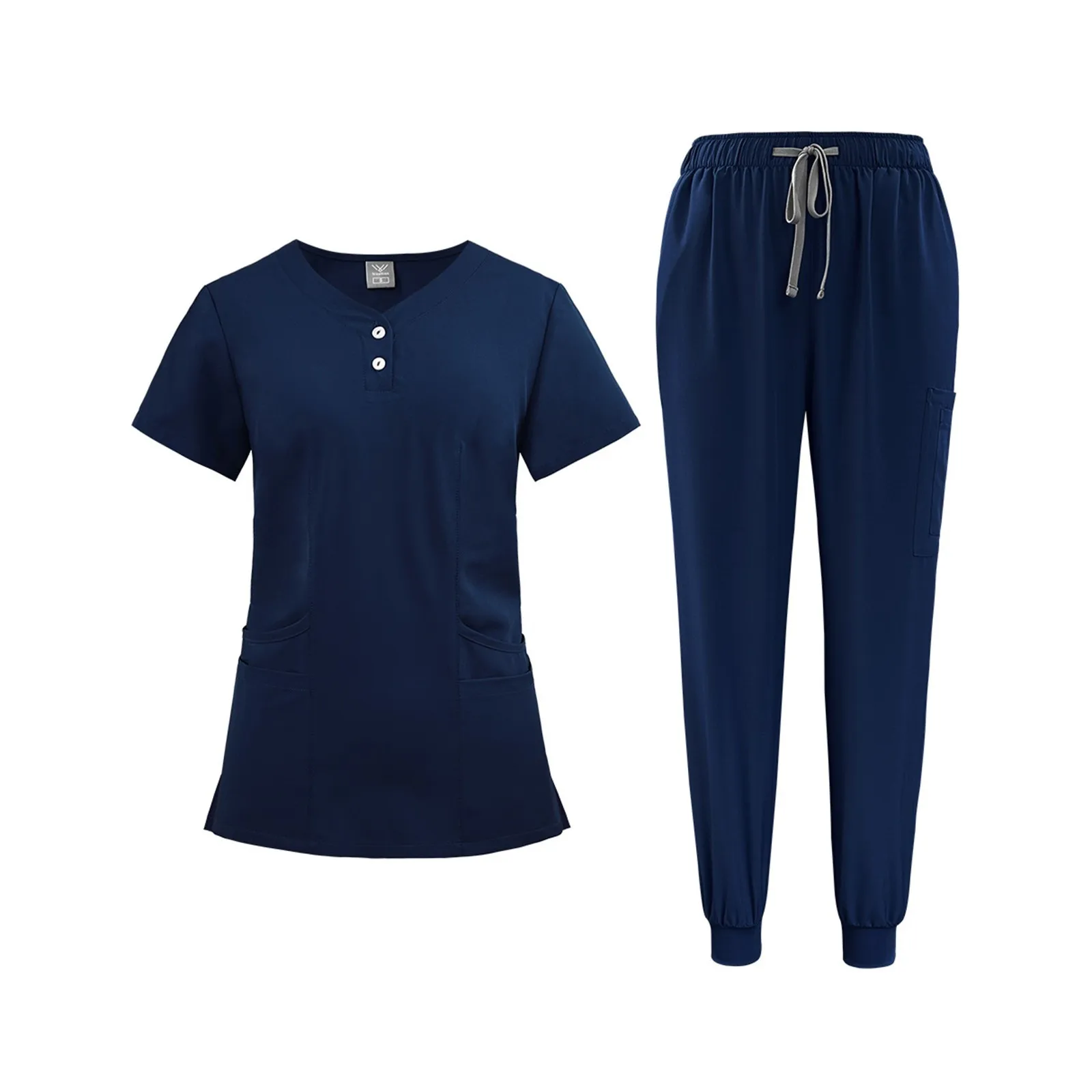 المرأة ممرضة موحدة التجفيف السريع النسيج بلون الخامس الرقبة زر جيب قصيرة الأكمام بنطلون دعوى التمريض ملابس العمل