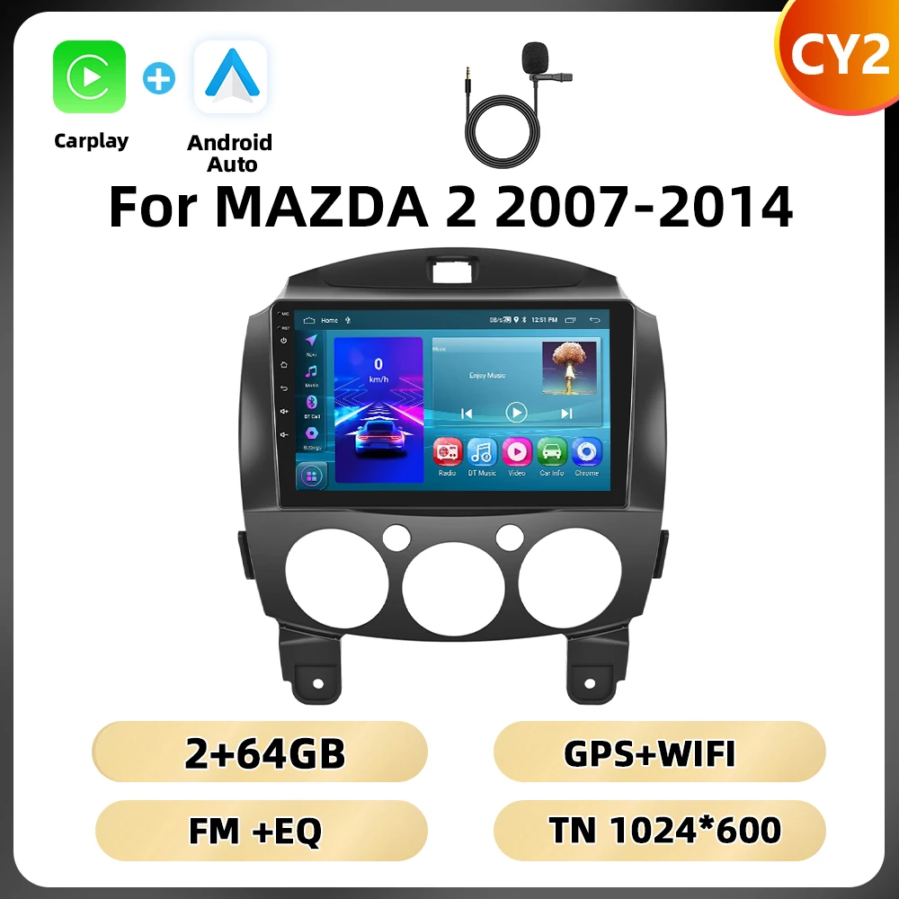 Podofo 9 ''BT RDS Autoradio Voor MAZDA 2 2007-2014 Multimedia Speler Navigatie Carplay Android Auto WIFI 4G AI Voice Autoradio