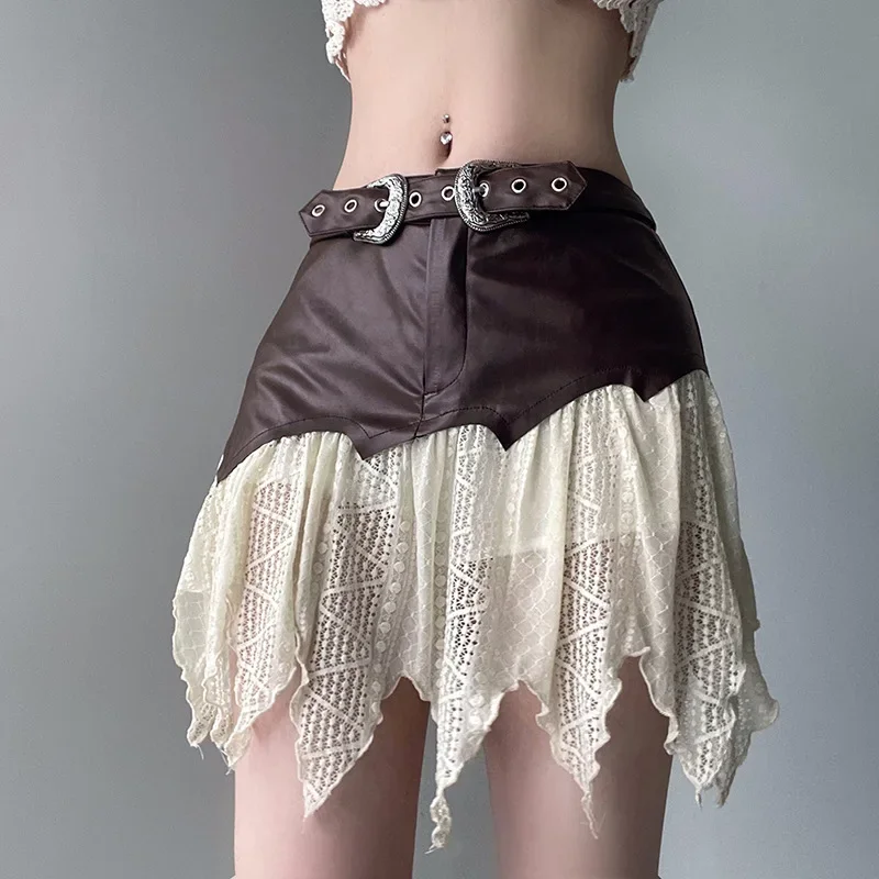 

Women's Skirt 2024 Summer Fashion Leather Lace Patchwork Casual Irregular Hem Mini Skirt Spicy Girl Short Skirt Y2k Streetwear