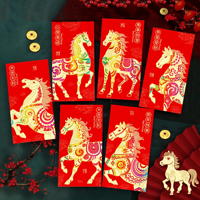 6Pcs/set Chinese New Year Money Envelope Horse Year Red Envelope Red Pocket Spring Festival Envelope