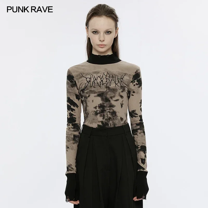 PUNK RAVE Women's Micro-perspective Collect Waist Tie Dyed Pit Strip Embroidered T-shirt Ripped Ragged Cuffs Collar Women Tops