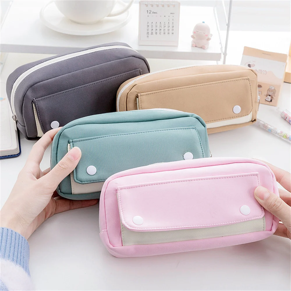 Simple solid color pencil bag Button clamshell cute stationery bag Student school supplies storage bag Cloth pencil case gifts