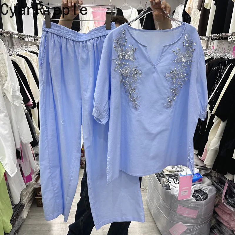

Fashion Summer Women Two-piece Set Diamonds Beads Flowers Loose Cotton-line Shirt Top + Elastic Waist Casual Wide Leg Pants