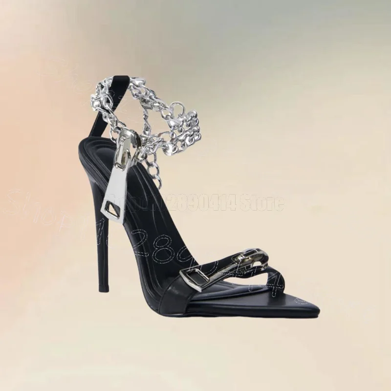 

Silver Chain Zipper Decor Black Open Toe Sandals Buckle Strap Women Shoes Thin High Heels Party Banquet 2025 Zapatos Para Mujere