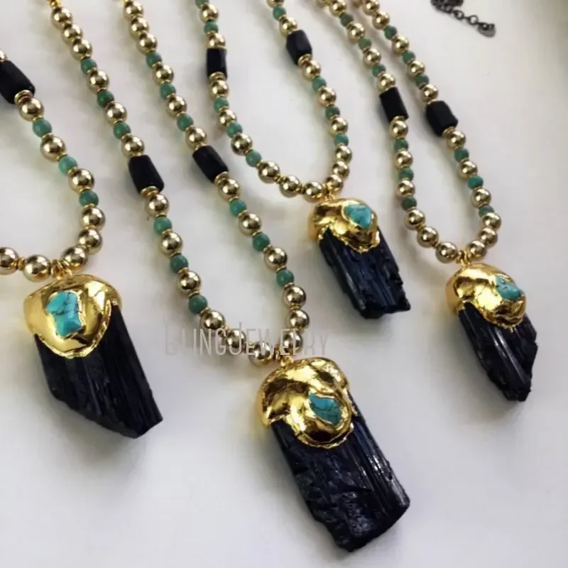 10pcs Women Tourmaline Turquoise Stone Crystal Layer Statement Necklace Schorl Witch Boho Black Goth Y2k Jewelry Emo Halloween