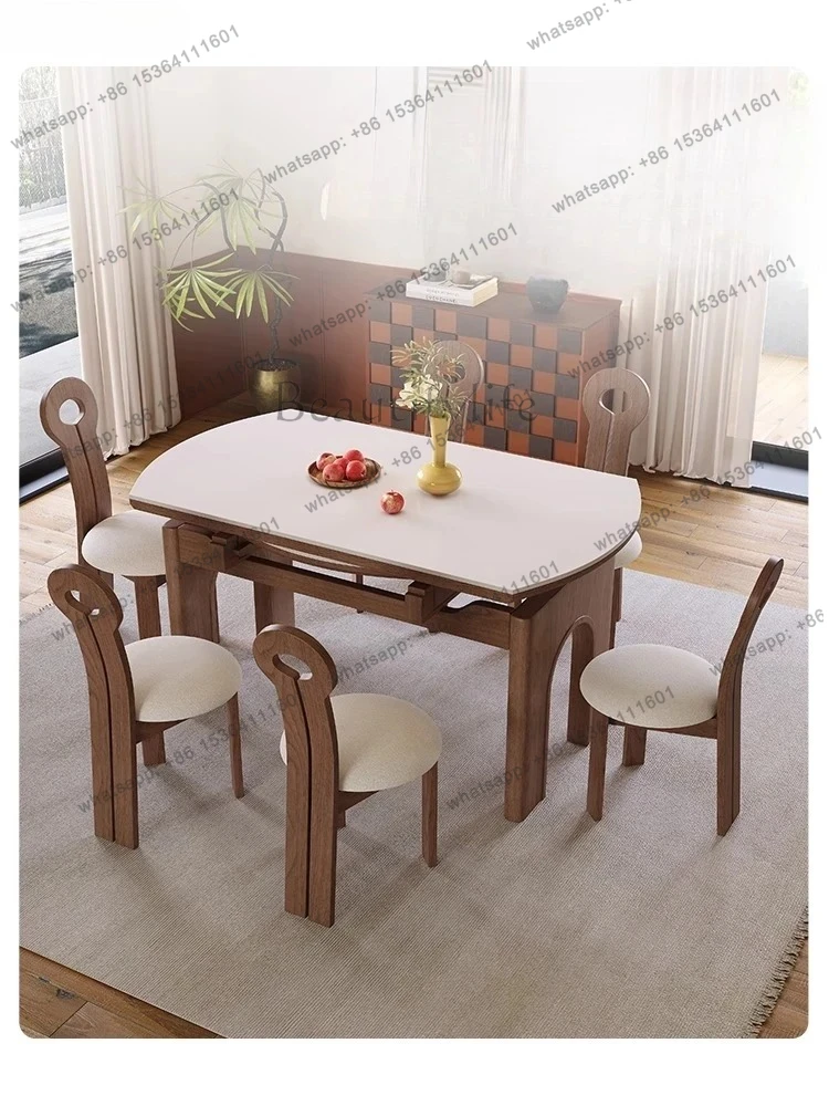 solid wood rock slab dining table and chairs household retractable folding rectangular retro dining table