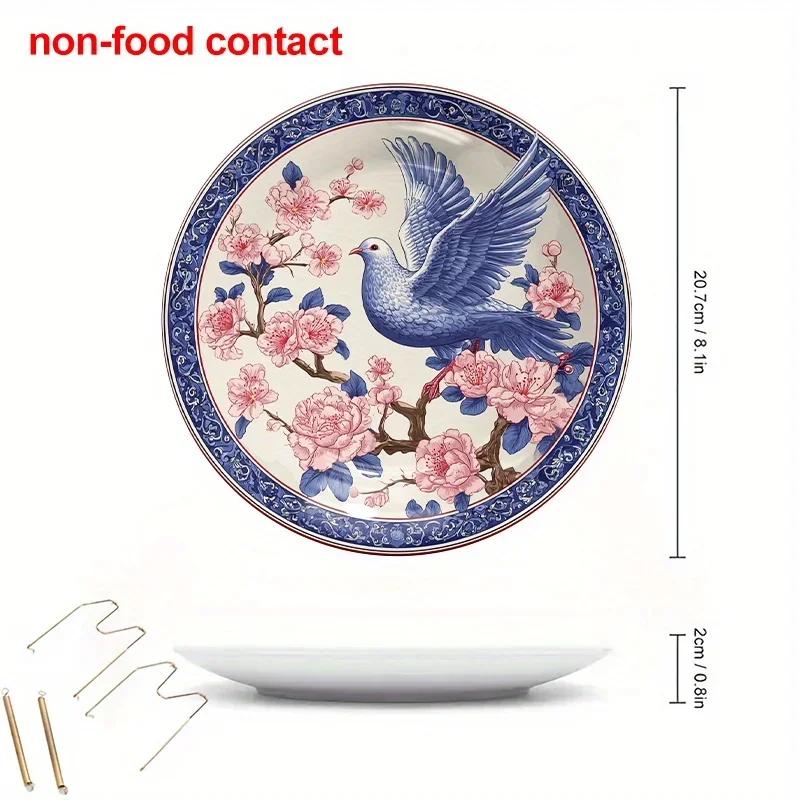 1pc Vintage Ceramic Wall Plate - Blue Dove & Pink Flower Round Hanging Plate Suitable for, Jewelry Display, Decorative Gift -