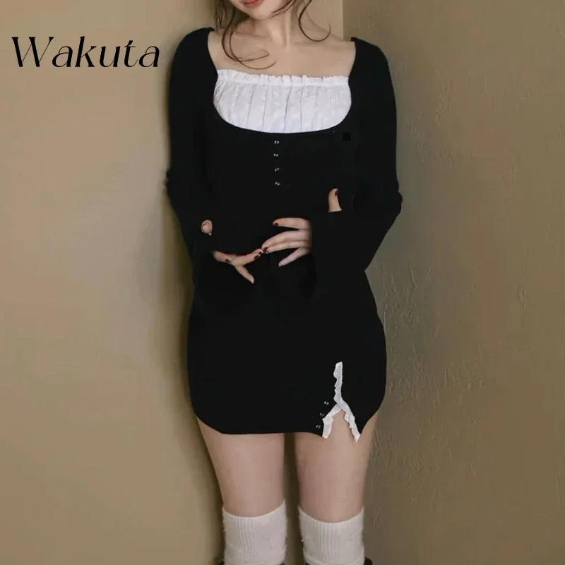 

WAKUTA Japanese Sweet Kawaii 2025 Early Spring Black Patchwork Low Round Neck Slit Long Sleeve Dress Y2k Slim Fit Bodycon Dress