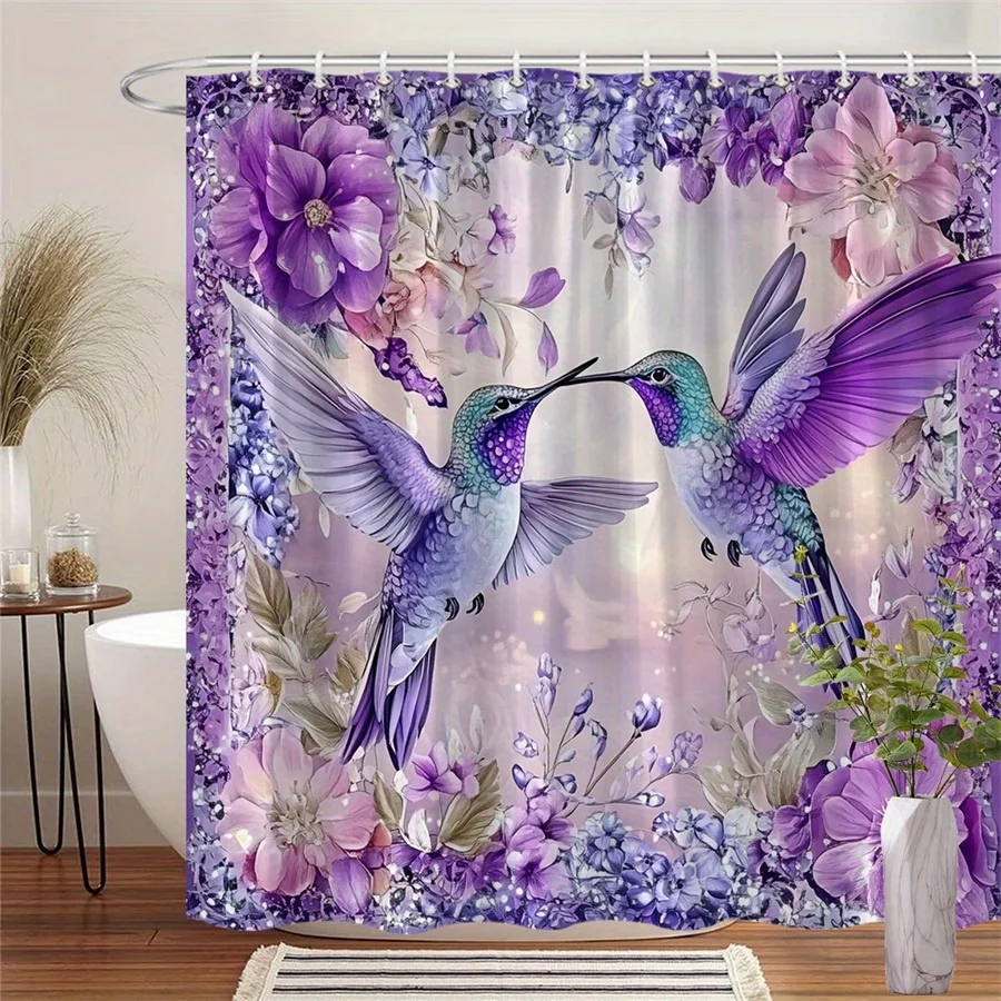 Vibrant Hummingbird Floral Shower Curtain Purple Pink Flowers Romantic Background Digital Art Polyester Bathroom Decor Gift Idea