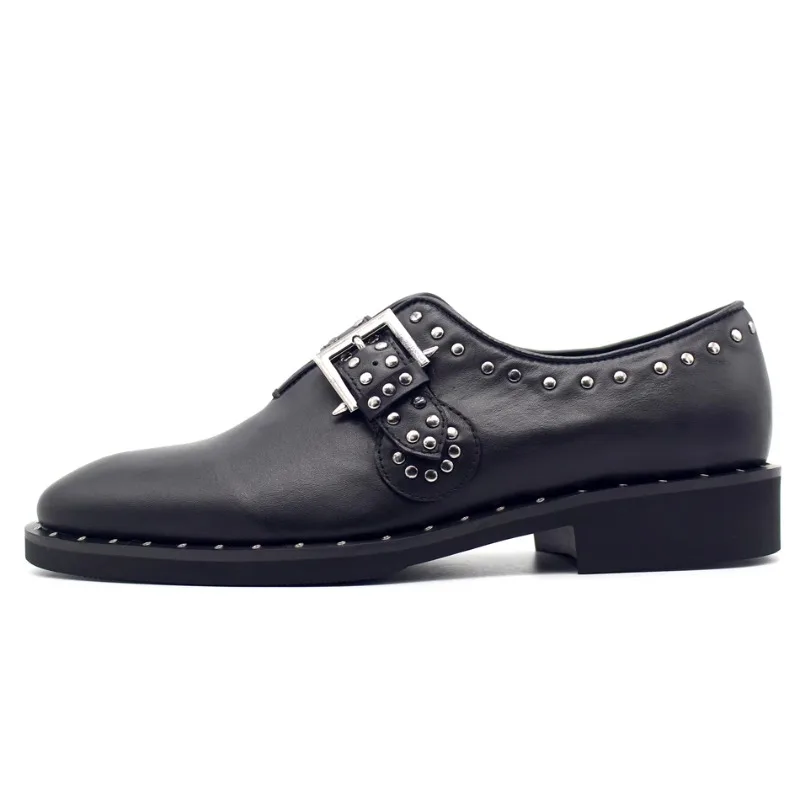 New Fashion Rivet Munk Shoes Loafers Handmade Slip on Genuine Leather Dress Shoes Men Punk Cowhide Casual Work Oxfords