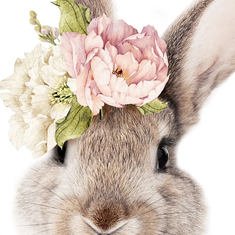 Girls Bedroom Decor Bunny Rabbit Nursery Wall Art Canvas Poster and Print Watercolor Flowers Animal Painting Pink Roses Picture