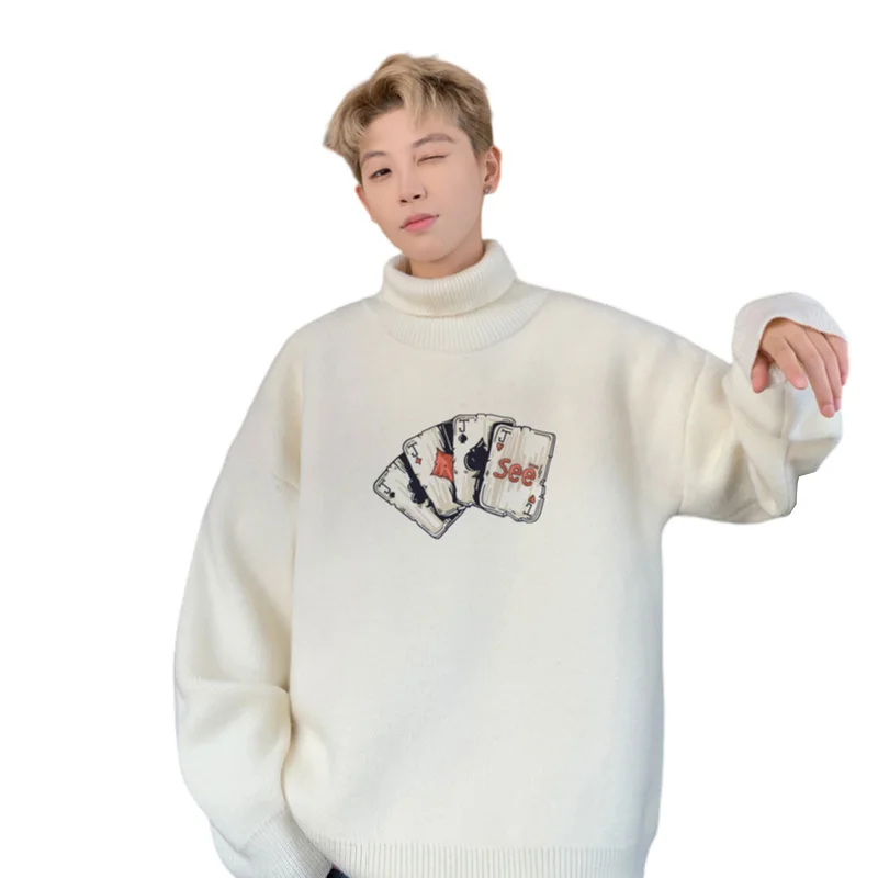 メンズ特大セーター秋白 5XL ニットセータータートルネックポーカープリントカジュアルウェア男性ニットプルオーバー男性服