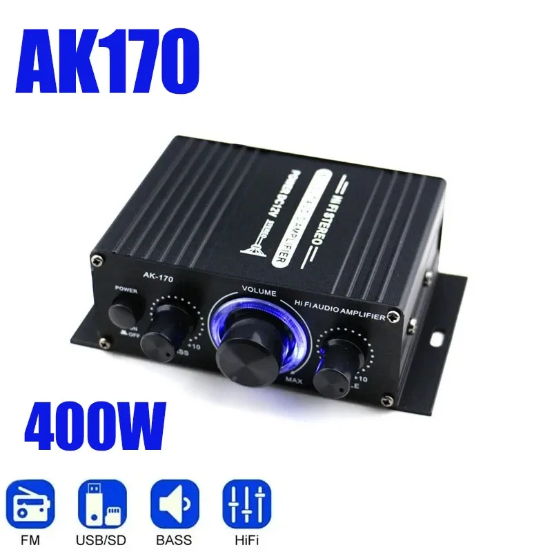 AK170 Mini Digital Power Audio Car Amplifier Blue Light Stereo Audio Amplifier for Home Theater Club Party Music 200Wx2 Power