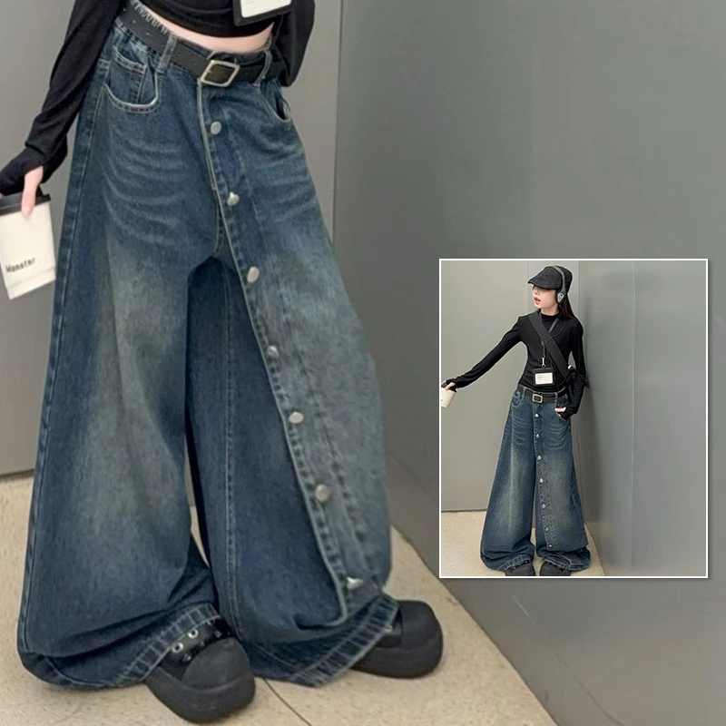 Girls' Autumn Trendy Cool Jeans Spring Fashion New Girl Retro Multi Breasted Design loose Denim Wide leg Pants for 4-14Y
