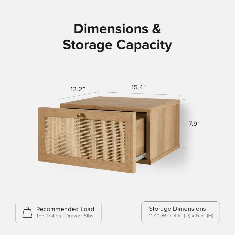 mopio Hannah Floating Nightstand, Natural Rattan Farmhouse Boho Wall Mounted Space Saving Bedside Tables, Nightstands, Drawer wi