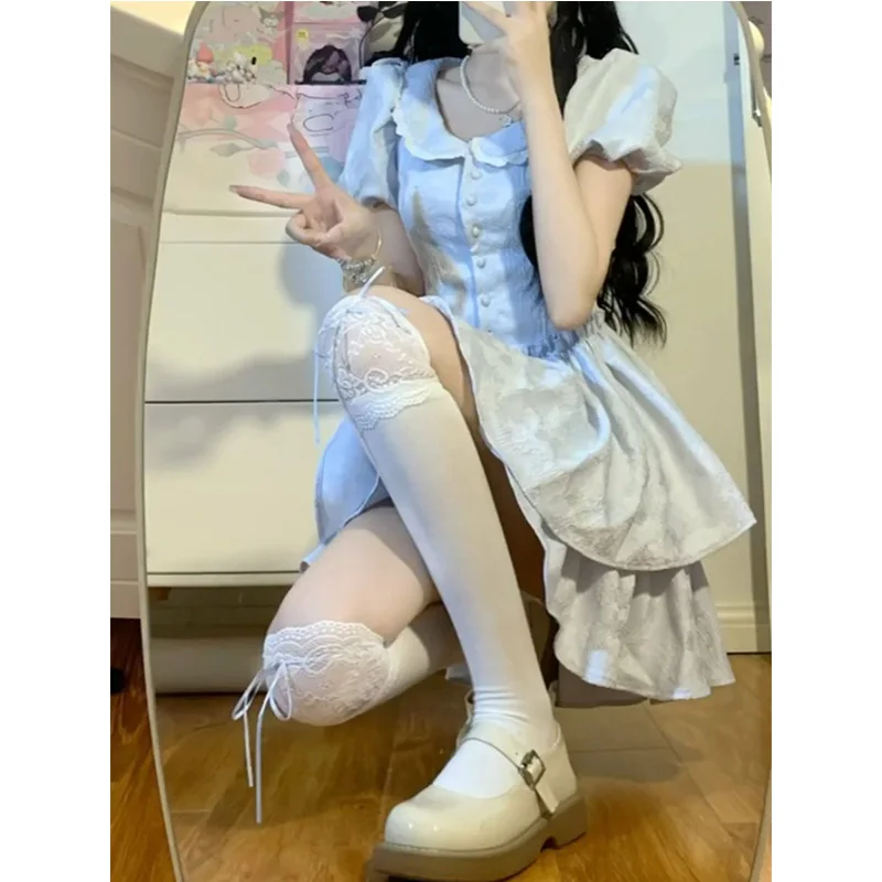 Summer Lolita Sweet Ruffles Solid Color Turn-down Collar Short Sleeve A-line Skirt Femme Young Style Patchwork Slim Mini Dress