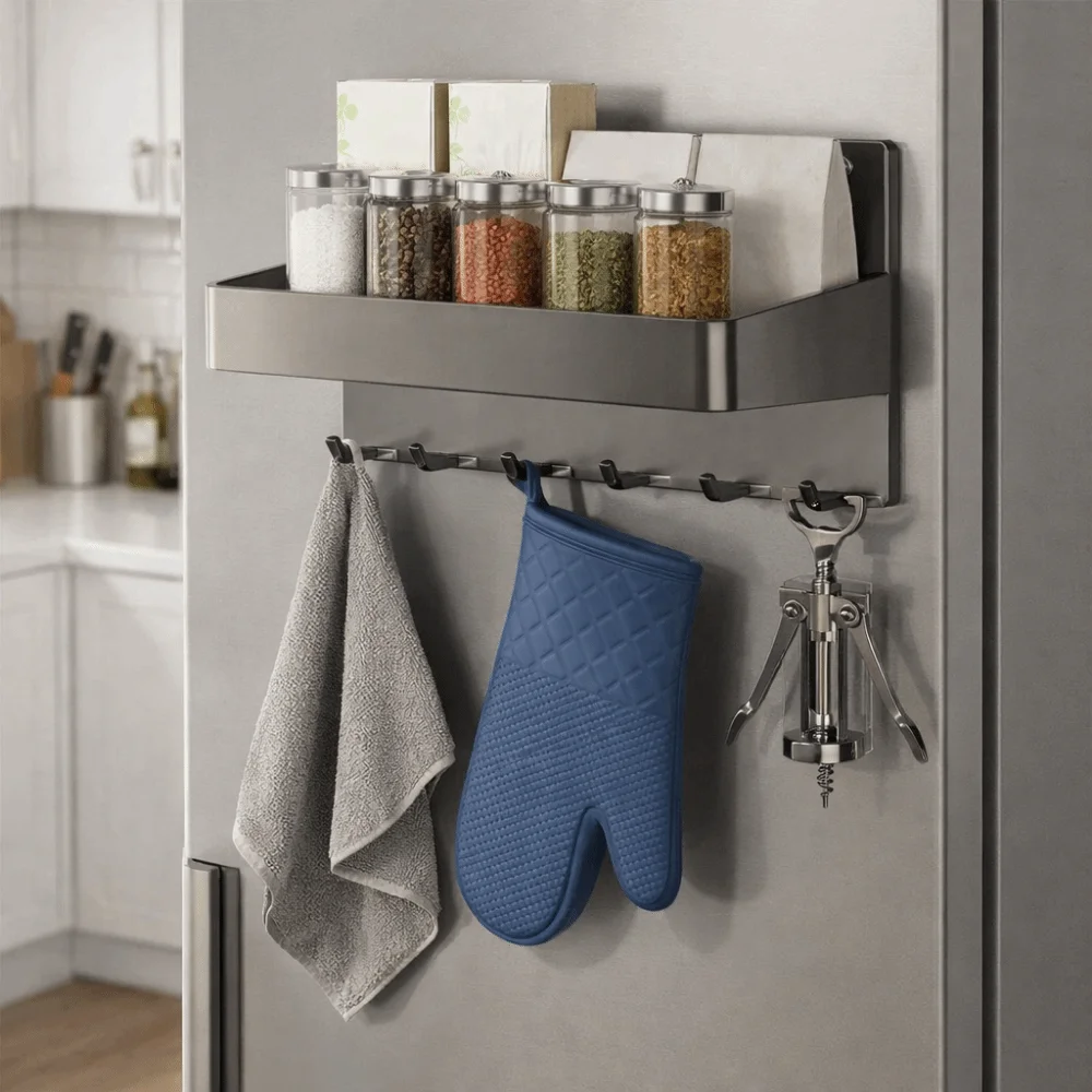 

Carbon Steel Magnetic Storage Rack Wall Mounted Punch Free Refrigerator Magnetic Shelf with Hooks Large Capacity Key Holder