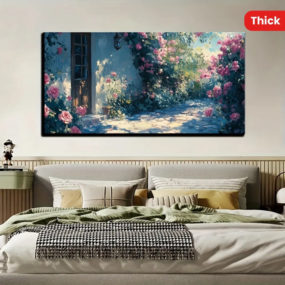 

1 piece frame painting Vintage wall Art Spring Cottage,Rose Garden painting antique flowers,1.5 inch thick pine solid wood frame