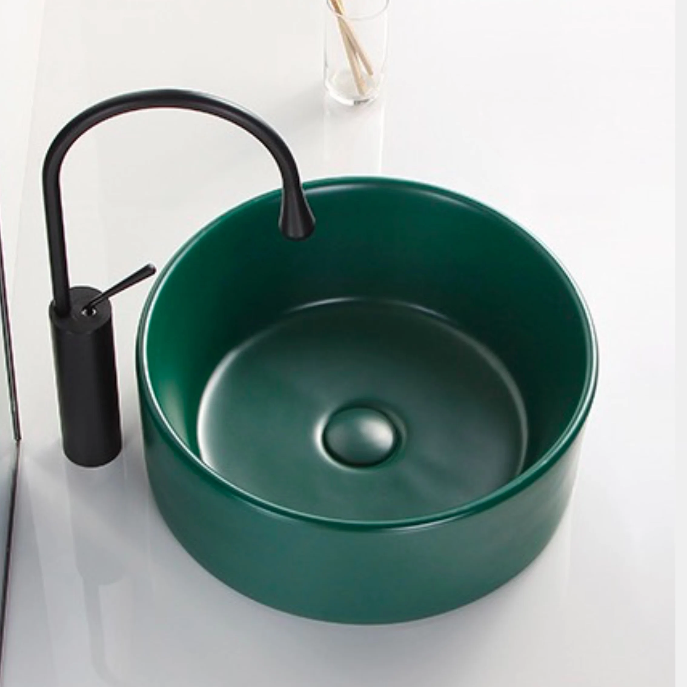 410*410*150MM Cute Round Green Matte Ceramic Washbasin Balcony Washbasin Kitchen Countertop Art Basin Bathroom Sink With Drainer