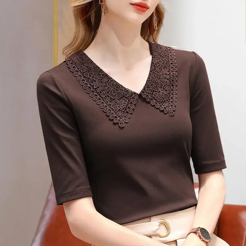 Baby Collar Half-sleeved T-shirt for Women Summer and Autumn Thin New Women's Coffee-colored Lapel Five-point Sleeve Top