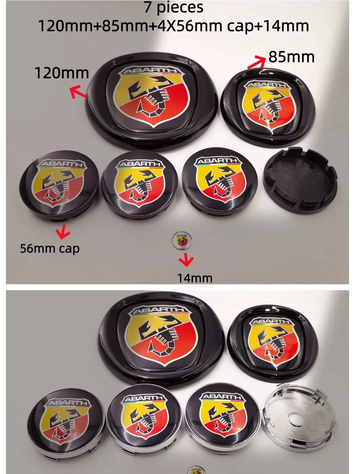 7-teiliges Fiat Abarth Auto-Emblem-Set für Motorhaube und Kofferraum, 85/95/100/120mm, 10/12cm Radnabenkappen 56/60mm