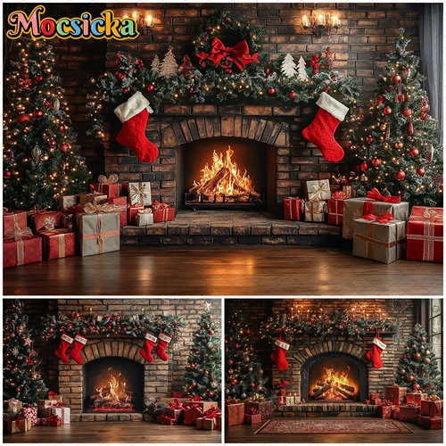 Imagen 1 del producto Mocsicka árbol de Navidad fotografía fondos hogar rojo regalos de Navidad decoraciones de nieve fiesta niño adulto foto telón de fondo papel tapiz