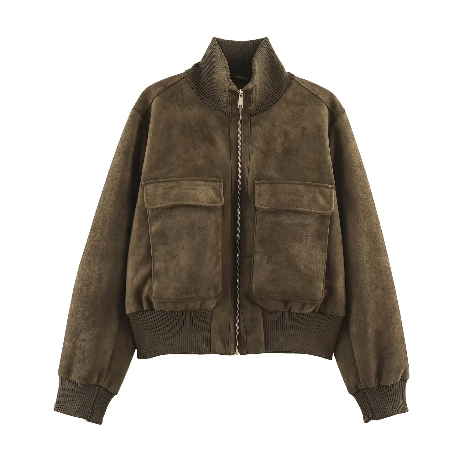 BSAY Women Korean Relax Faux Suede Bomber Jacket Stand Collar Zip Front Long Sleeve Cargo Pocket Rib Cuff Cropped Outerwear Fall