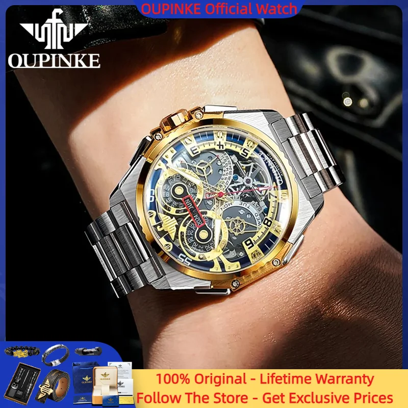 

OUPINKE 3266 Full Hollow Skeleton Mechanical Watch for Men High-end Multifunction Auto Date Hand Clock Sapphire Mirror Man Watch