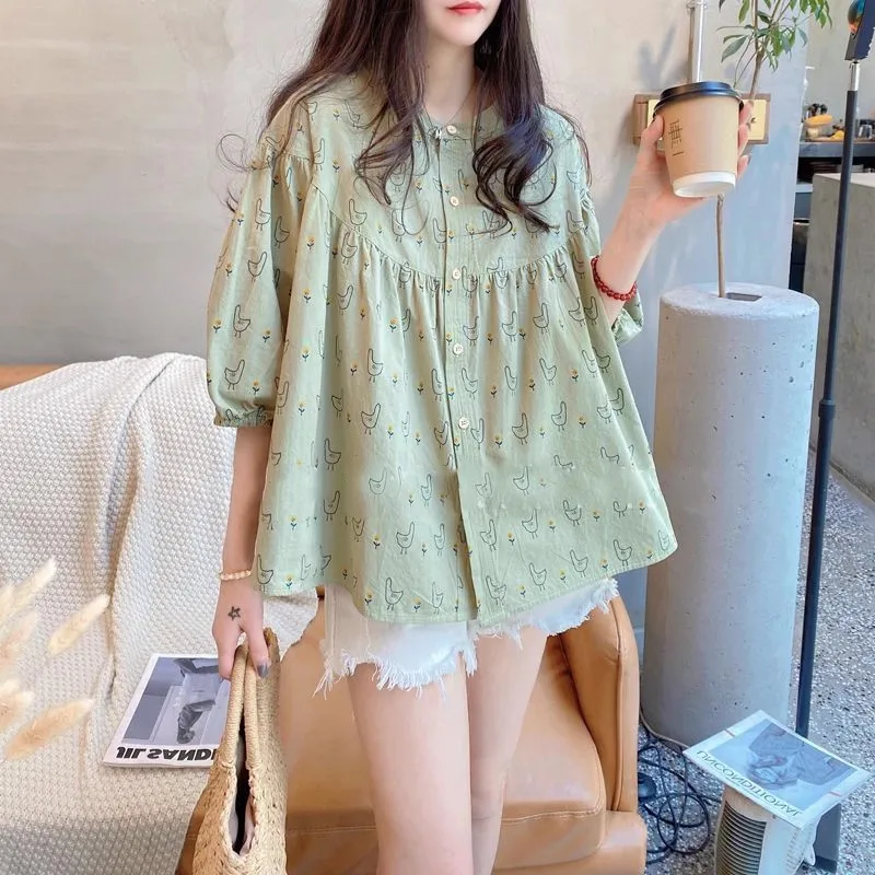 Summer New Women's Loose Sweet Seven-minute Sleeve Shirt Sweet Wooden Ear Edge Lantern Sleeve Cartoon Printing Doll Shirt Tops