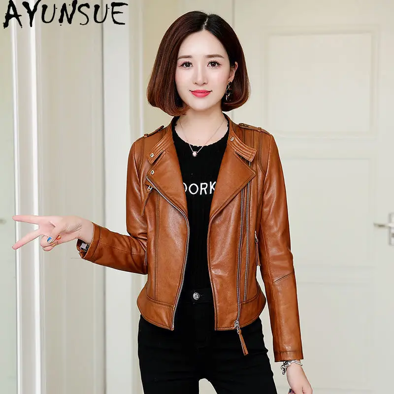AYUNSUE Real Sheepskin Motocycle Jackets Genuine Leather Jacket Women 2025 Spring Autumn Clothes New in Coats Jaqueta De Couro