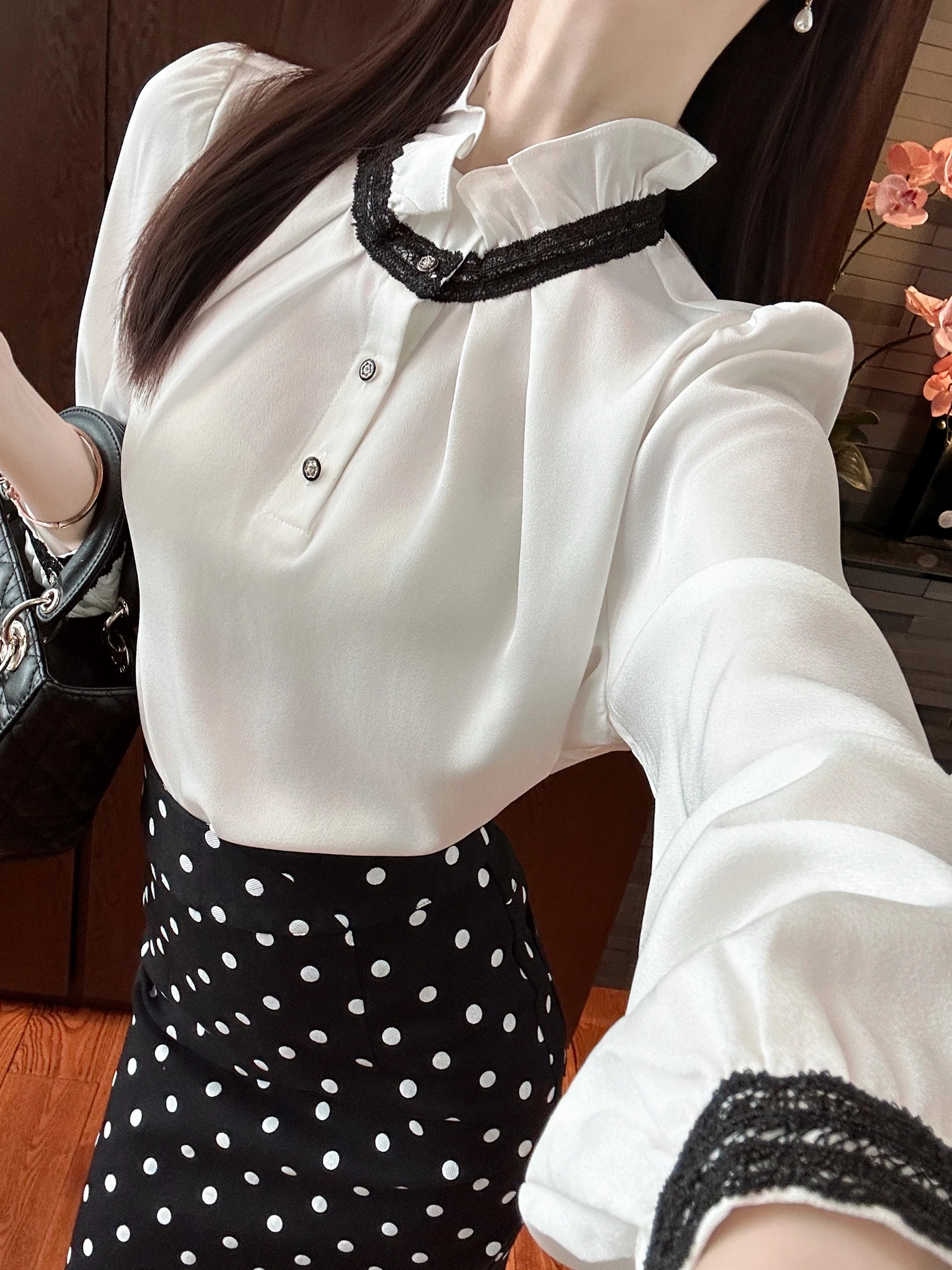 

Ele White Silk Satin Stand Collar irt Commute Crt High Densi Office Aosphere Women's Slim Fit Long Sve irt