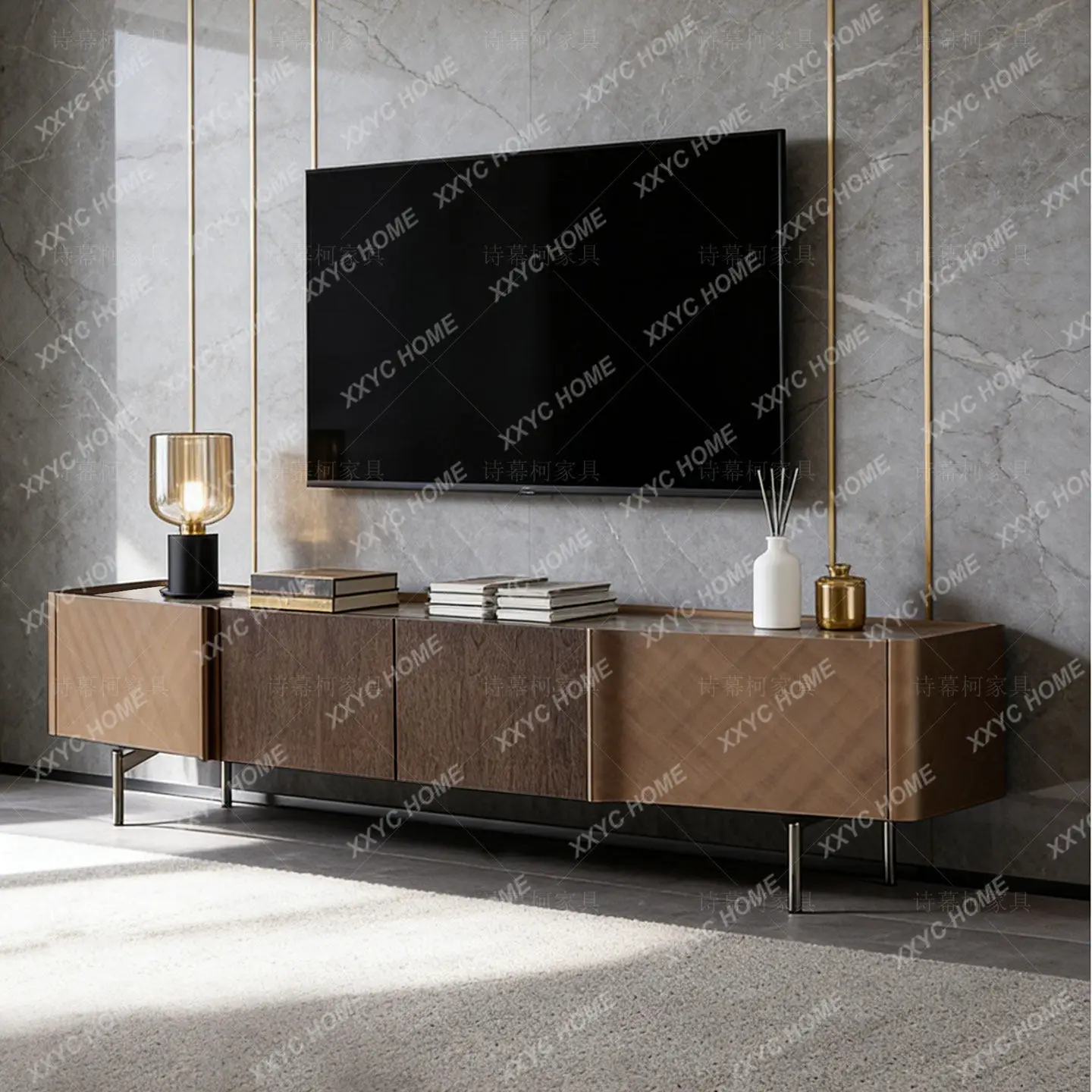 A  light luxury TV cabinet coffee table combination all solid wood metal brushed floor cabinet, postmodern furniture