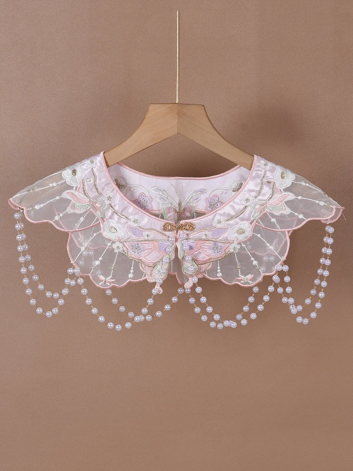 Women New Chinese Style Exquisite Flower Butterfly Embroidery Pearl Chain False Collar Cloud Shoulder Shawl For Qipao Hanfu Wear