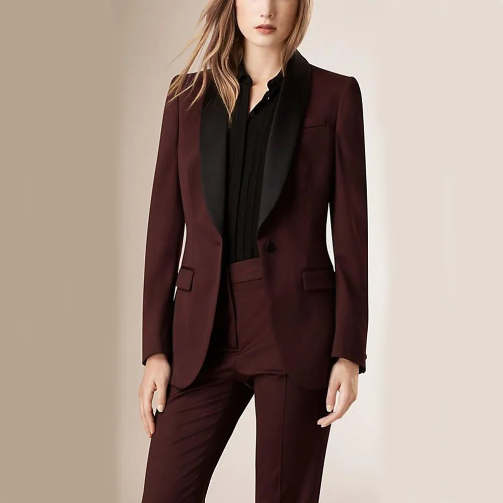 

Womens Suits Set 2 Pieces Professional Black Shawl Lapel Single-Breasted Wine Red Prom Jacket+Pants conjuntos de pantalones