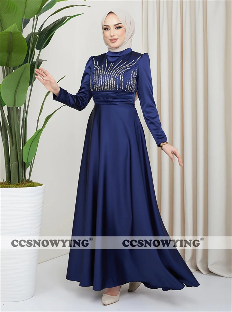 

Satin Beaded Muslim Hijab Evening Dresses Arabic Dubai Long Sleeve High Neck Formal Party Gown Women A Line Moroccan Caftan