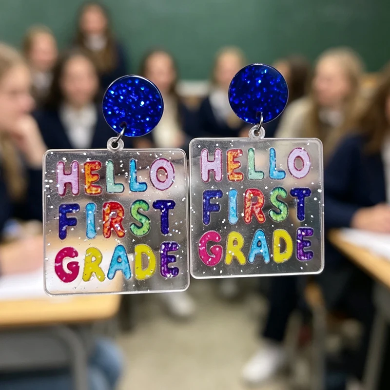 New Colored Grade Letter Shiny Acrylic Blue Stud Earrings for Kindergarten to Fifth Grades Back to School Earrings