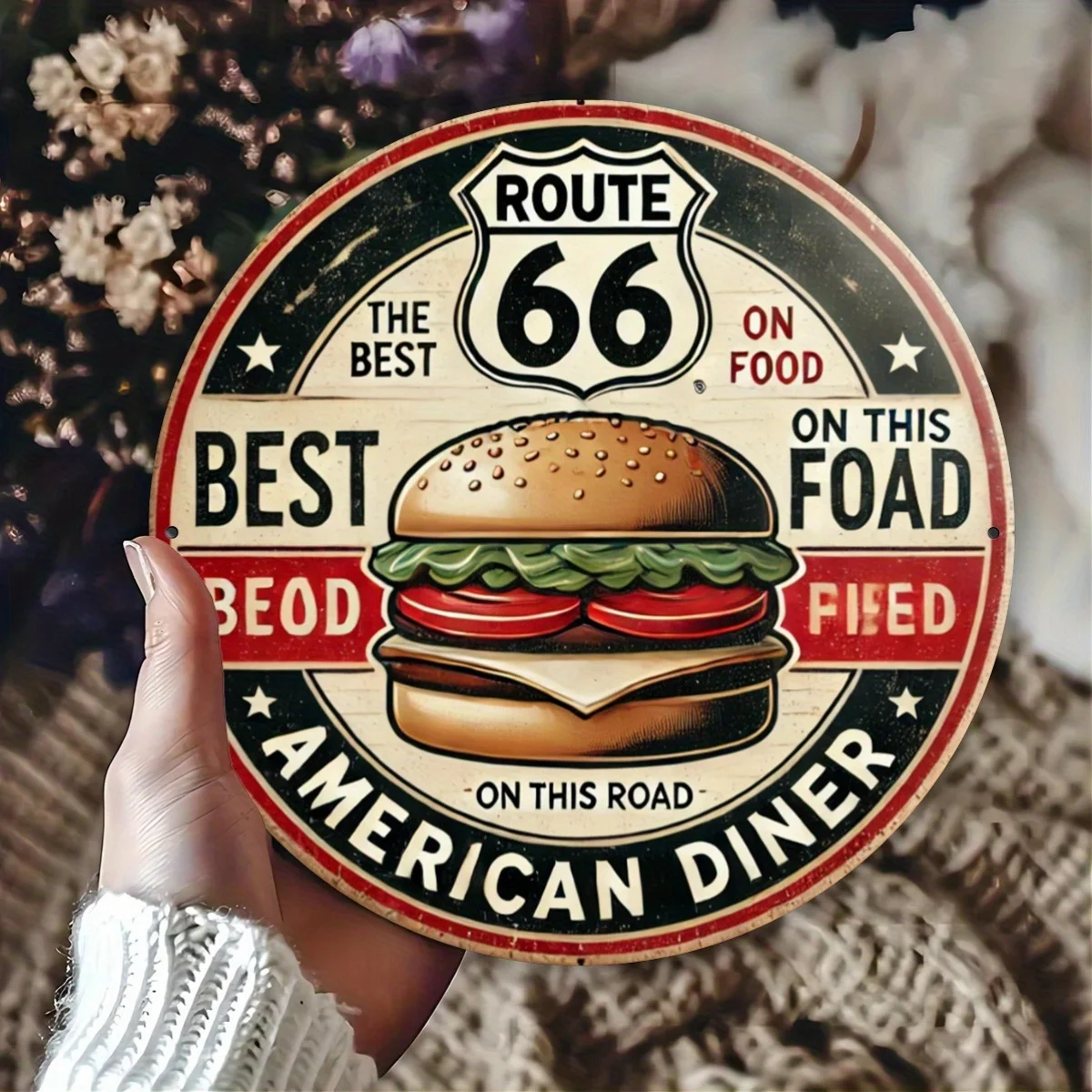 1pc Route 66 Vintage American Diner Metal Sign, 2D Flat Printed Iron Wall Decor, Retro Roadside Food Advertisement Plaque
