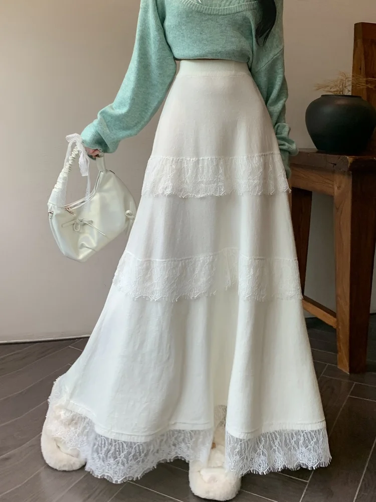 

SMTHMA Lace patchwork soft knitted skirt for autumn and winter new loose mid length cake skirt A-line large swing Long skirt