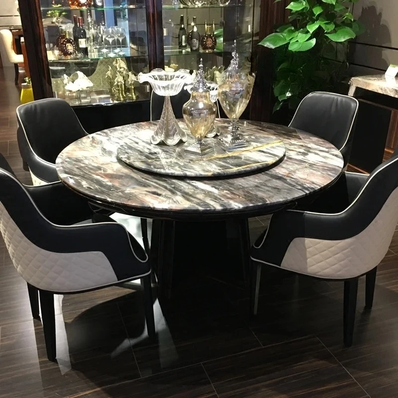 

New natural travertine Venice red and black sandalwood round turntable dining table villa high-end private customization