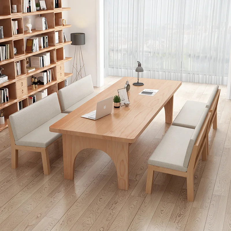 Nordic home living room solid wood desk, simple long table, double-layer study table, library workbench solid wood