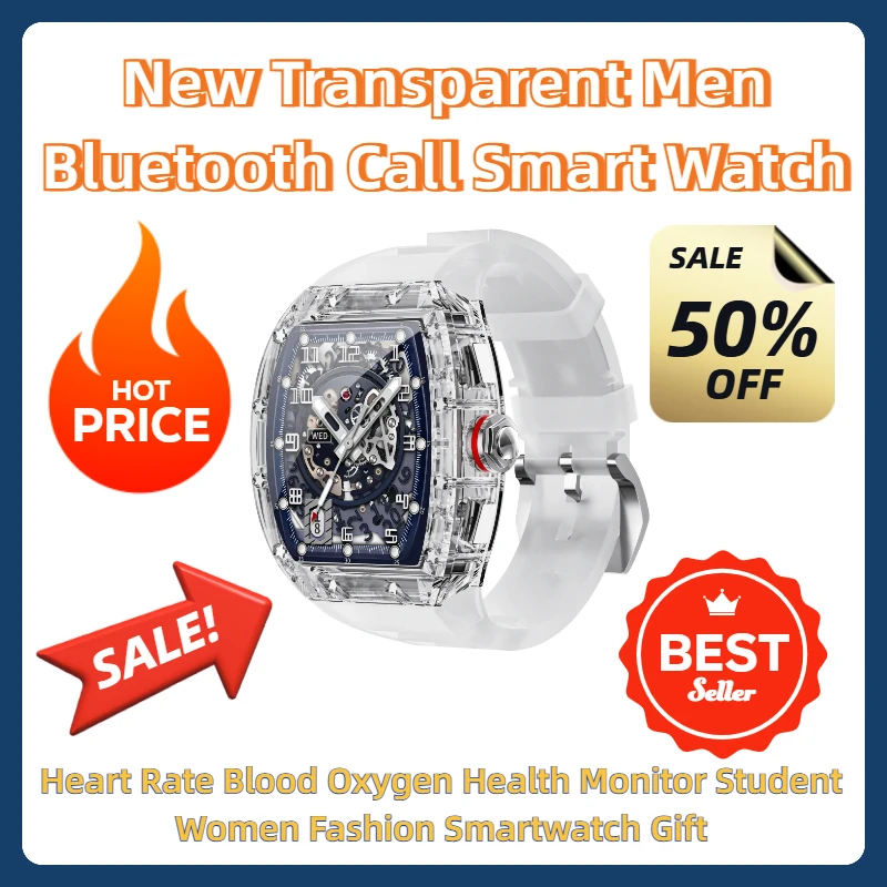 

New Transparent Men NFC Bluetooth Call Smart Watch Heart Rate Blood Oxygen Health Monitor Student Women Fashion Smartwatch Gift