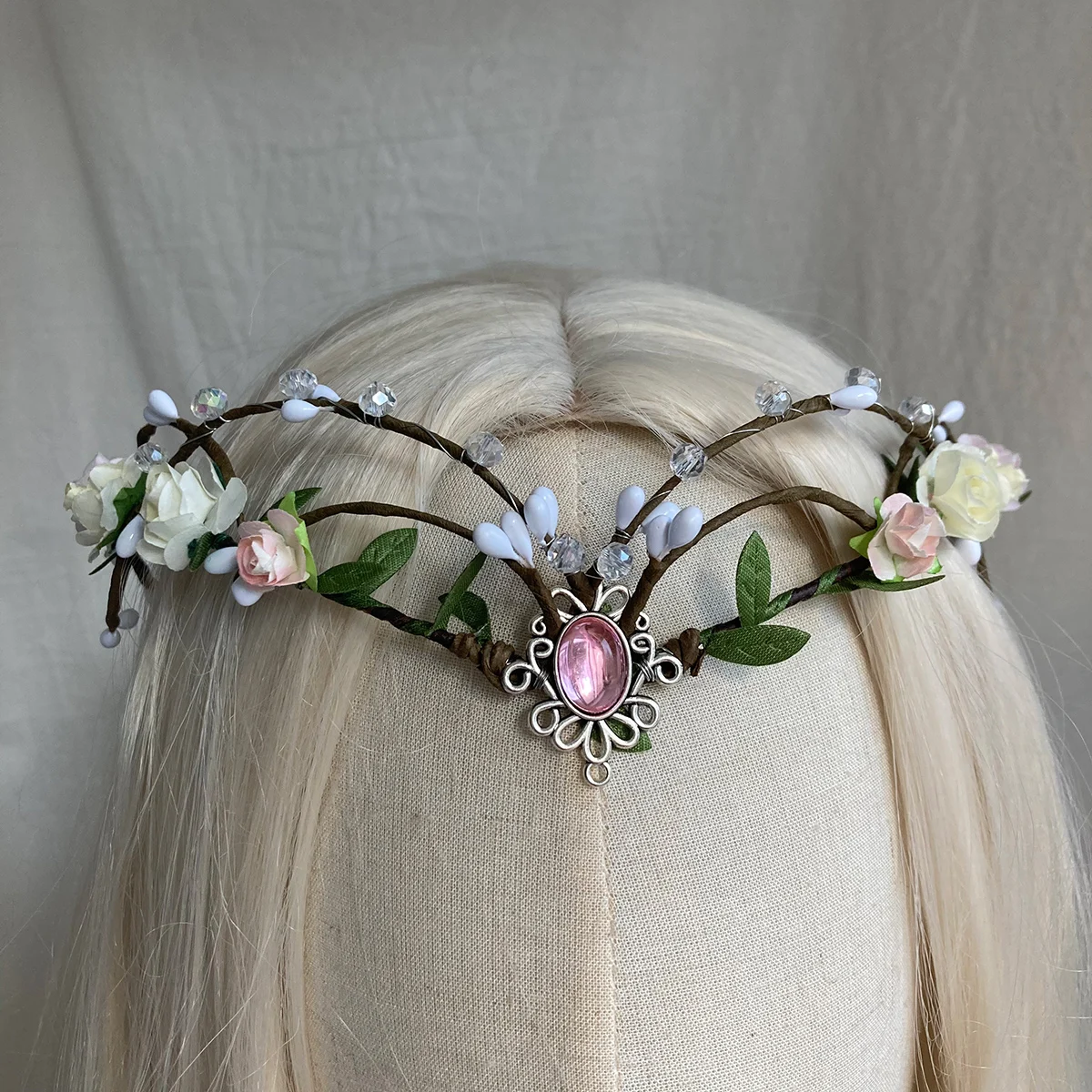 

White Flower Fairy Crown - Handmade Rose Woodland Headpiece Forest Elf Crown Elven Floral Circlet for Women Renaissance cosplay