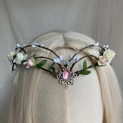 White Flower Fairy Crown - Handmade Rose Woodland Headpiece Forest Elf Crown Elven Floral Circlet for Women Renaissance cosplay