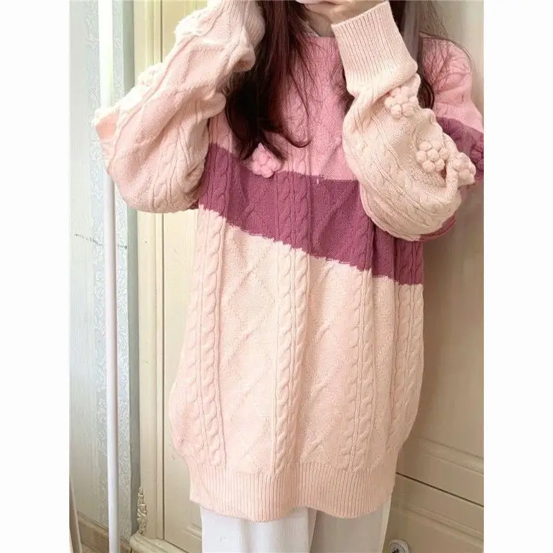 

Gentle Style Soft and Sticky Contrasting Color Round Neck Sweater Women's Lazy Style Loose Knit Sweater Trendy Top