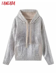 Tangada Women 2023 Winter Silver Oversized Hood Knitted Sweater Jumper Female Thick Pullovers 3J02